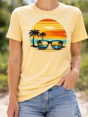 Gildan Yellow Short Sleeve Tee with Sunset Palm Sunglasses Graphic